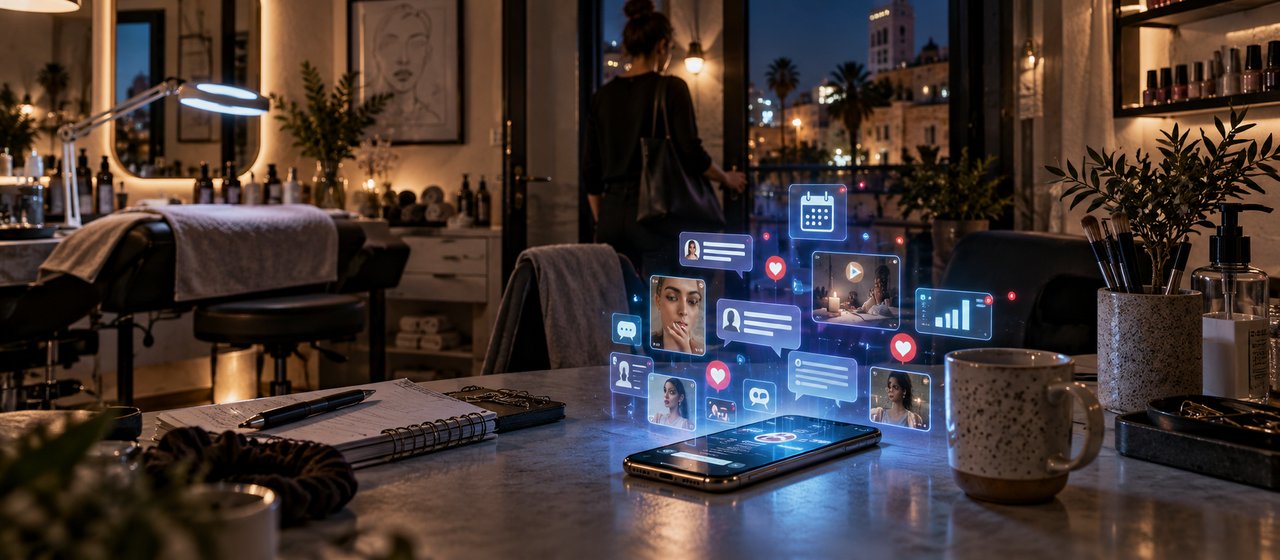 A beauty salon at night: a phone lies on the desk with glowing cards floating above it showing messages, a booking calendar, likes, photos and a chart; a woman is leaving through the door, and a night city with palm trees is visible through the window