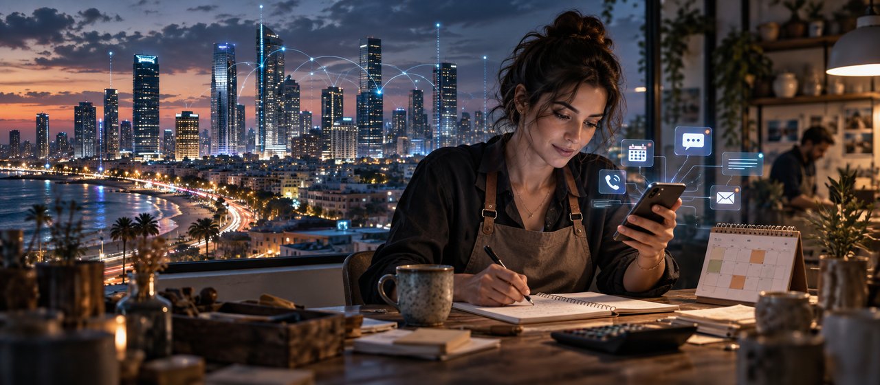 A craftswoman in an apron sits at a wooden table late in the evening, writing client bookings in a notebook with a phone in her hand; icons of calls, a calendar, chat and email float around her, and through the window is night-time Tel Aviv with skyscrapers and the seafront