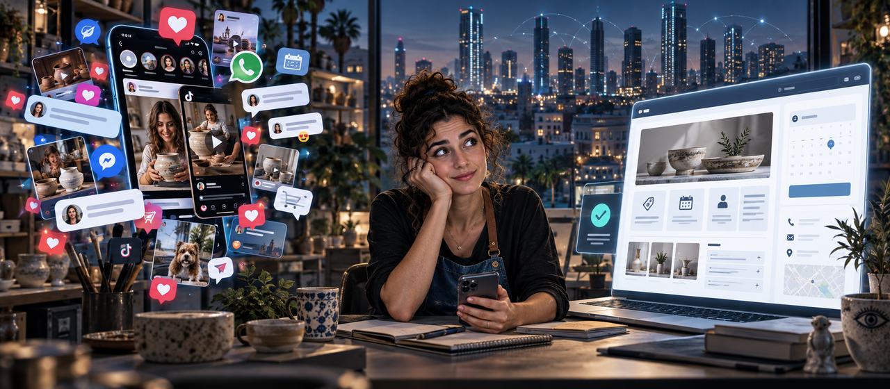 A ceramic artist at her workbench holding a phone: on her left a cloud of posts, likes and messenger icons, on her right a laptop showing a website with a work gallery, a booking calendar, contacts and a map; the night skyline of an Israeli city outside the window