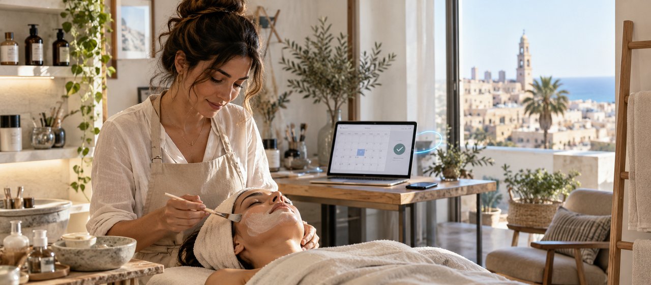 A bright beauty studio: a woman in a linen apron applies a face mask with a brush to a client lying on a couch in a towel headband; behind them a laptop on a wooden table shows a booking calendar with a green confirmation tick, a phone next to it; shelves with bottles and brushes, olive branches in vases, and through the large window a stone old town by the sea with a bell tower and palms