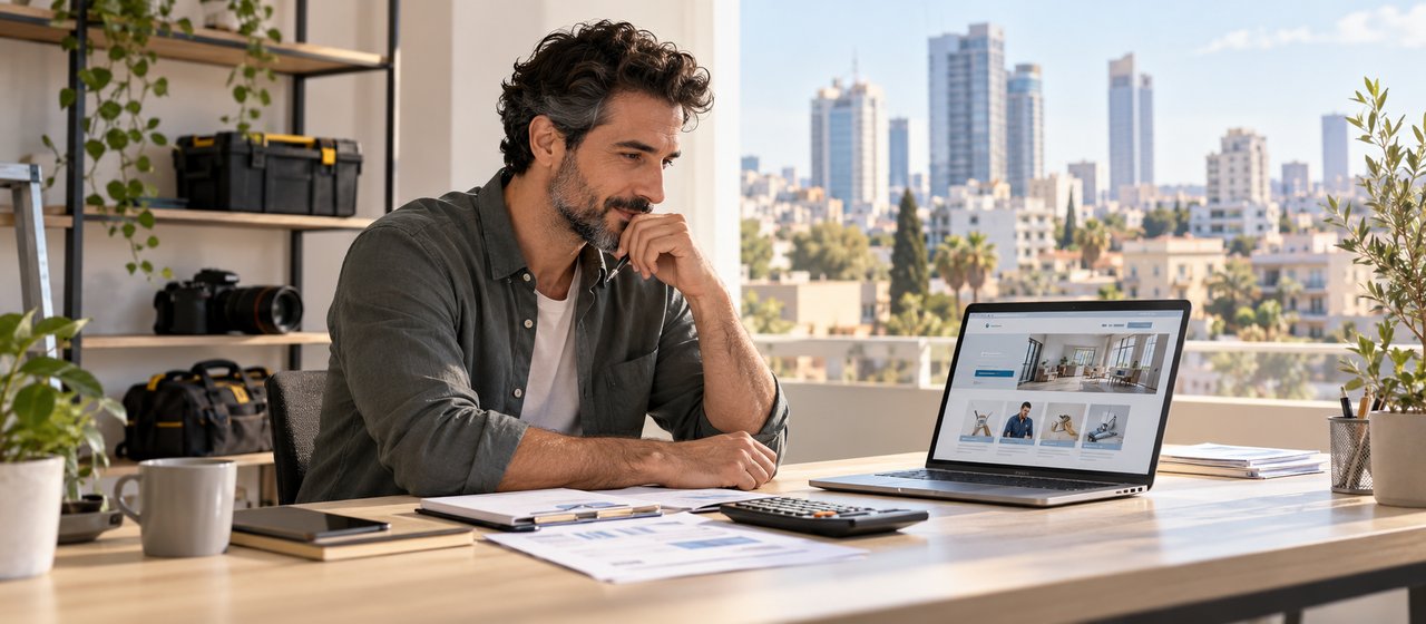 A middle-aged man sits at a wooden desk by a large window: an open laptop showing a services page, a calculator, a notebook and printouts with charts beside it, a mug of coffee; on the shelves behind him a camera, a toolbox and folders; through the window a panorama of Tel Aviv with towers and the sea