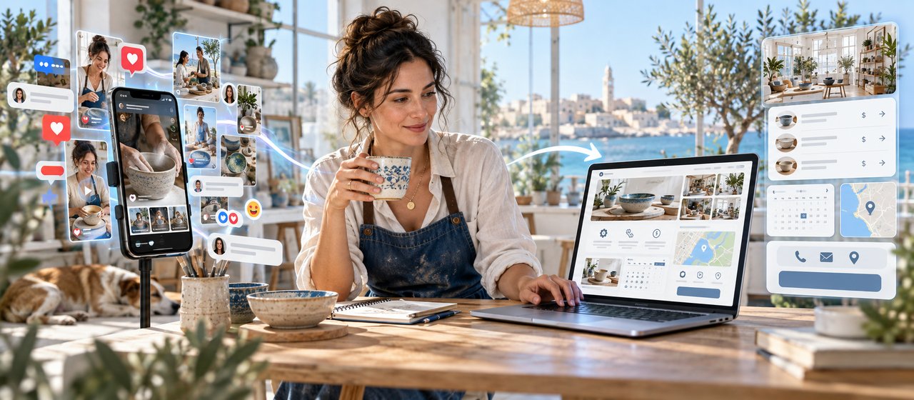 A ceramics workshop by the sea: a woman in an apron stands at a wooden table holding a ceramic cup; on the left a phone on a tripod with glowing social media cards floating around it and an arrow leading to a laptop showing a website with a gallery of work, a calendar, a map and a button; on the right floating panels with a price list, a calendar, a map pin and contacts; a dog sleeps on the floor and an old seaside town is visible through the window